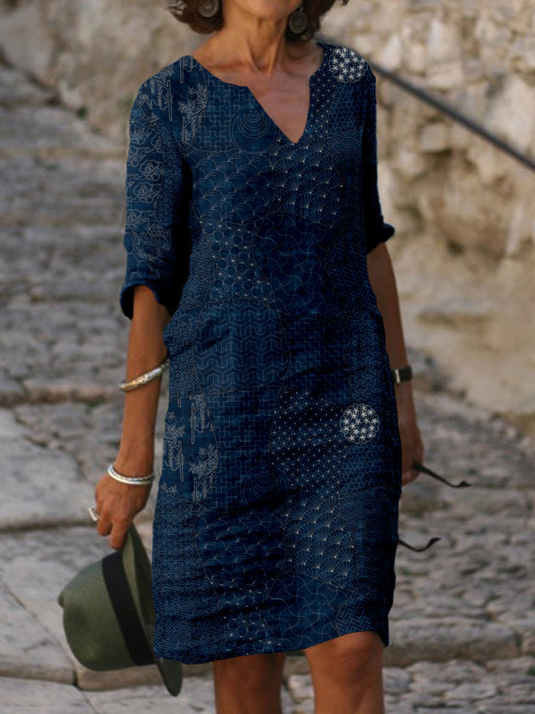 Japanese Traditional Sashiko Art Notch Neck Midi Dress