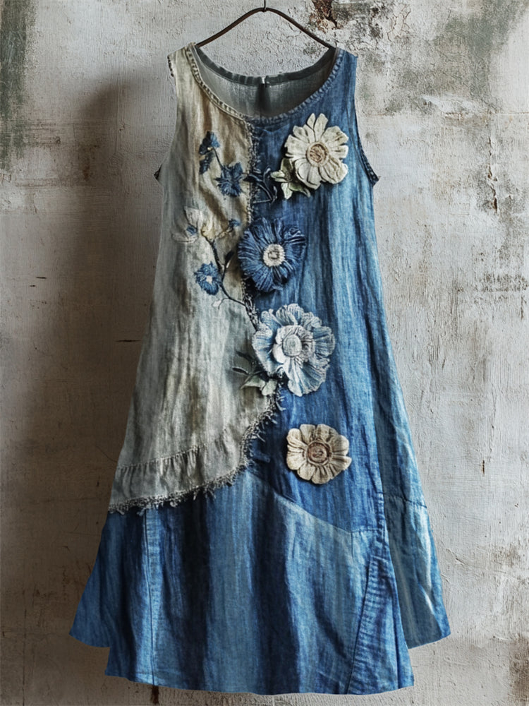 Flowers Denim Textile Inspired Print Linen Tank Dress artswardrobe