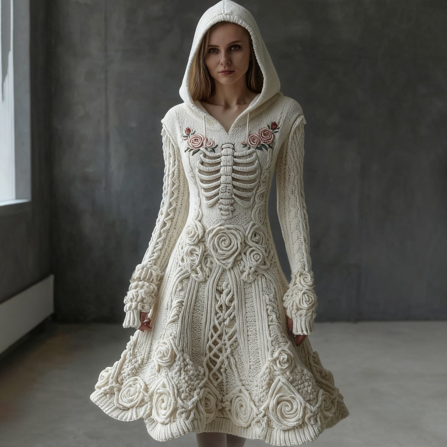 Comstylish Vintage Skeleton And Roses Hooded Sweater Dress