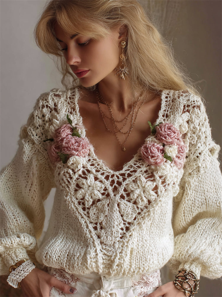 Vintage Cottagecore Pink Floral Lace Crochet Cozy Sweater elevenforest