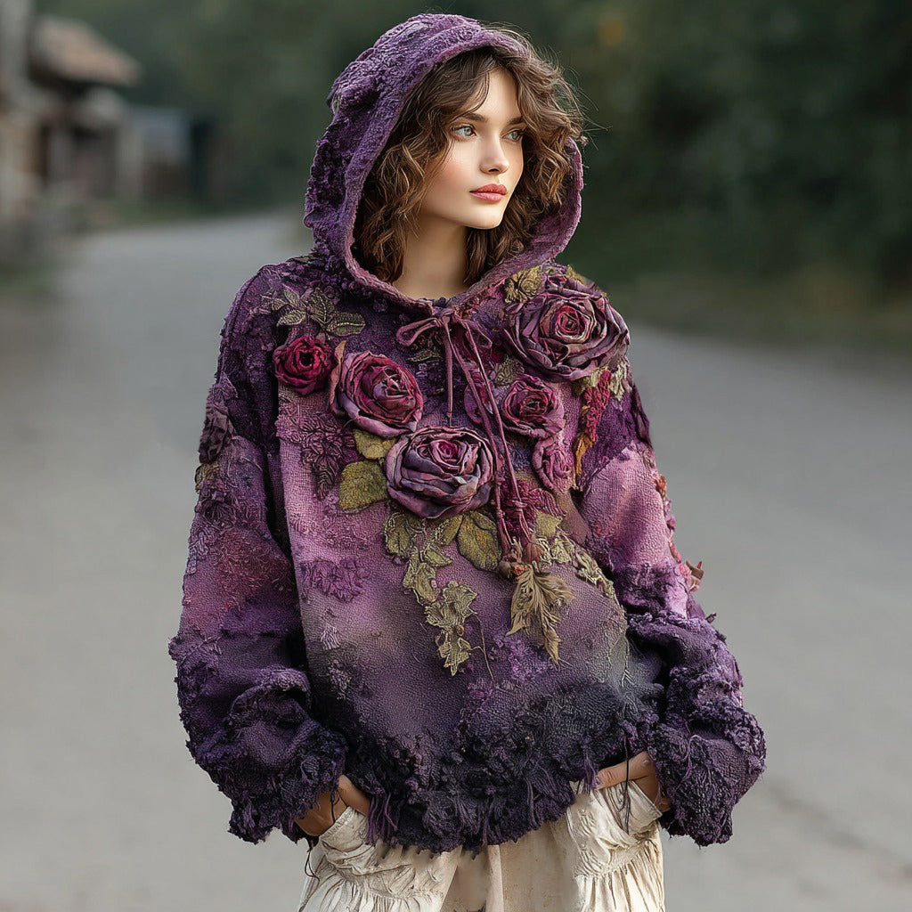 Women's Vintage Rose Floral Knitted Warm Hoodie Sweater artswardrobe