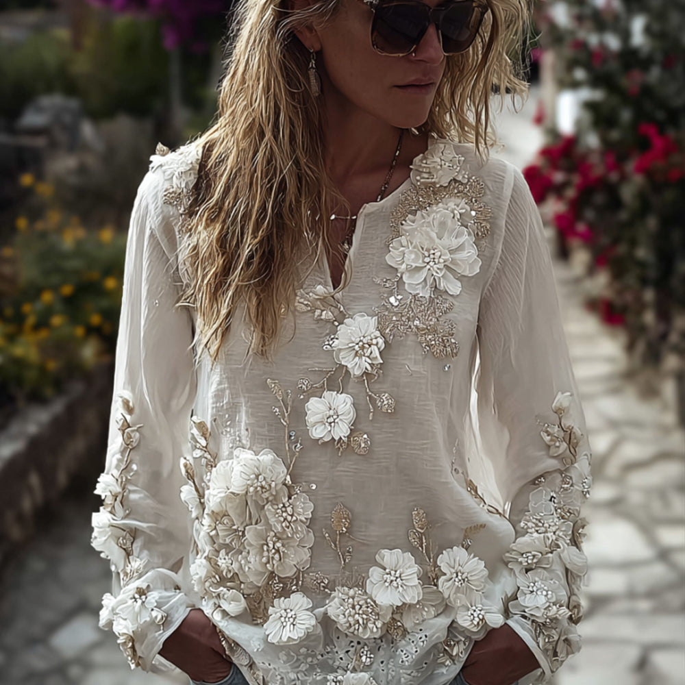 Comstylish Bohemian Beaded Rose Romantic Casual Round-neck Long-sleeved Sweater