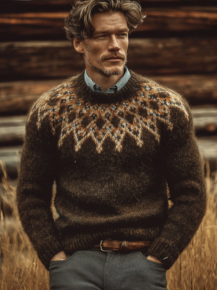 Men's Fair Island Knitted Pattern Retro Round Neck Sweater artswardrobe