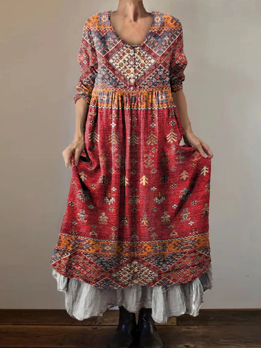 Women's Vintage Ethnic Art Patterns Print Button Pocket Cotton Dress