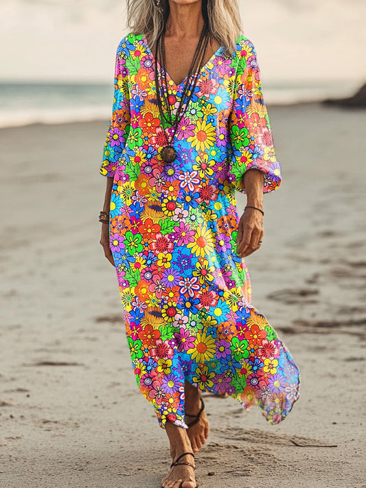 Women's Vintage Floral Art Print Pocket Cotton Dress