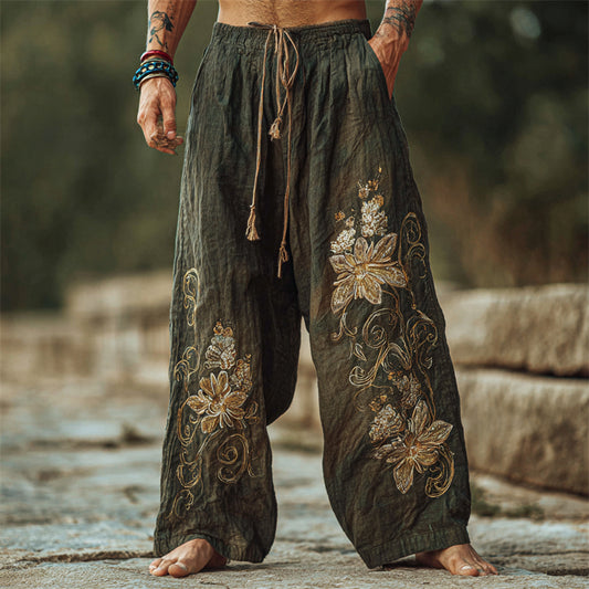 Men's Boho Floral Embroidered Drawstring Wide Leg Linen Pants elevenforest