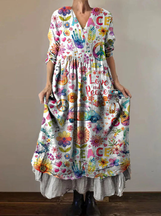 Women's Hippie Peace Love Art Print V-Neck Button Pocket Cotton Dress