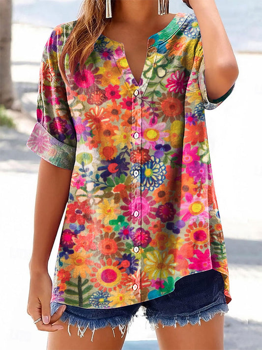Women's Vintage Floral Art Print Casual Cotton And Linen Shirt