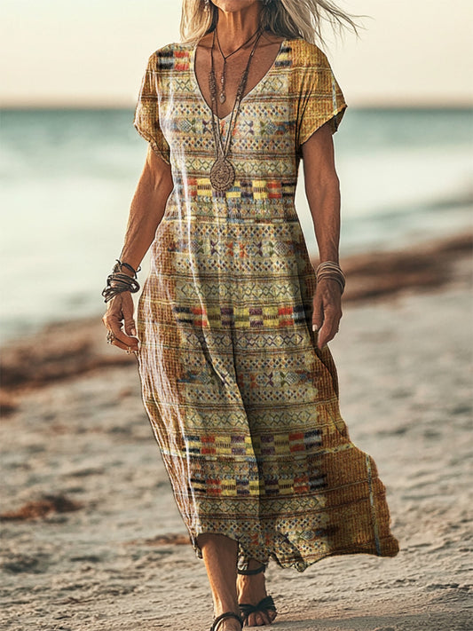 Women's Bohemian Ethnic Patterns Short Sleeve Pocket Cotton Linen Dres
