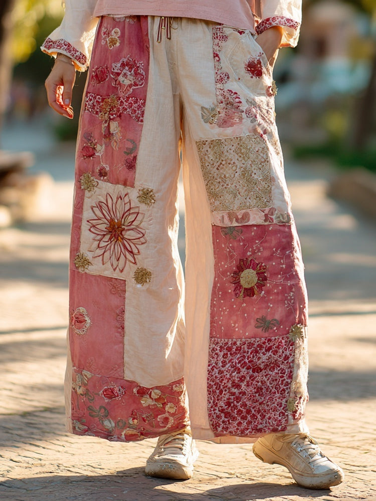 Vintage Boho Floral Embroidered Patchwork Linen Trousers elevenforest