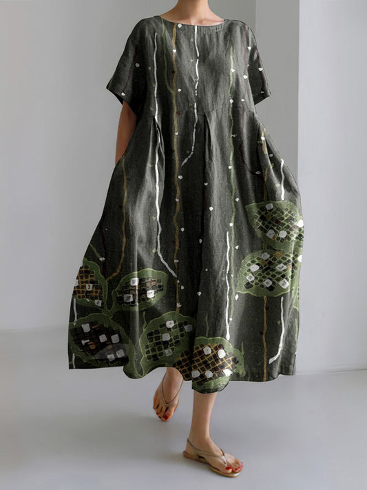 Japanese Art Flower Print Short Sleeved Loose Midi Dress