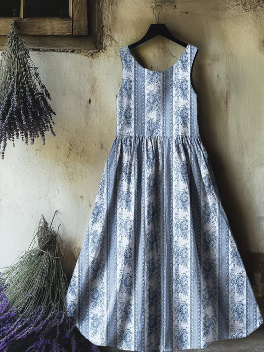 Women's Vintage Ethnic Floral Art Print Sleeveless Cotton Pocket Dress