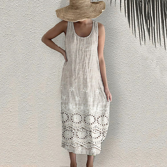 Vintage Floral Embroidered Lace Art Pattern Linen Tank Dress artswardrobe