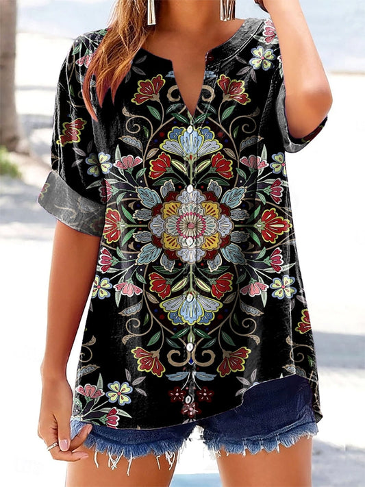 Women's Retro Ethnic Floral Totem Print Short Sleeve V-Neck Cotton and