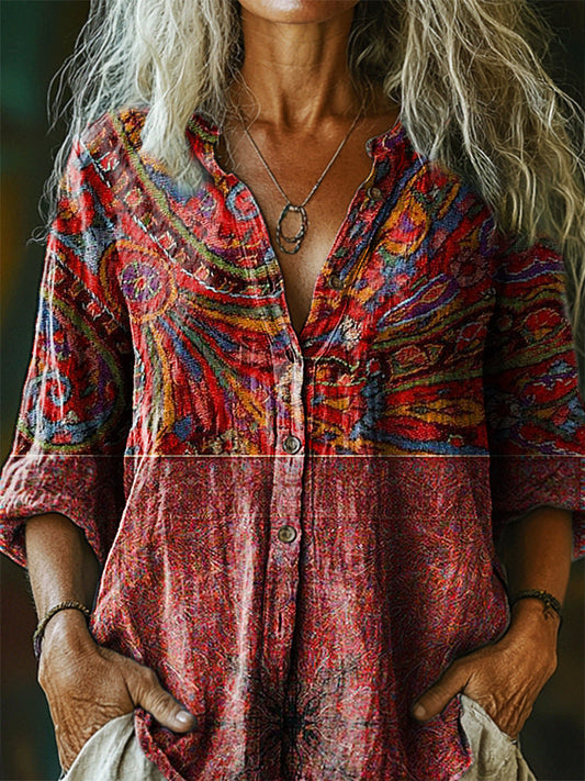 Women's Bohemian Floral Art Print Casual Cotton Linen Shirt