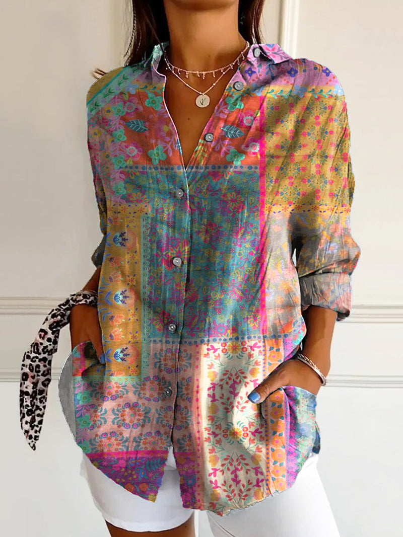 Women's Vintage Floral Patchwork Art Print Casual Cotton Shirt
