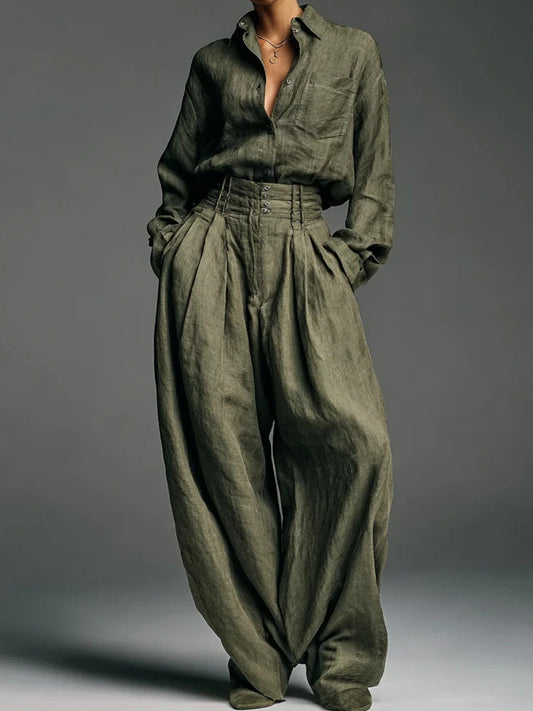 Comstylish Vintage Classy Blouse & Trousers Linen Two Piece Set