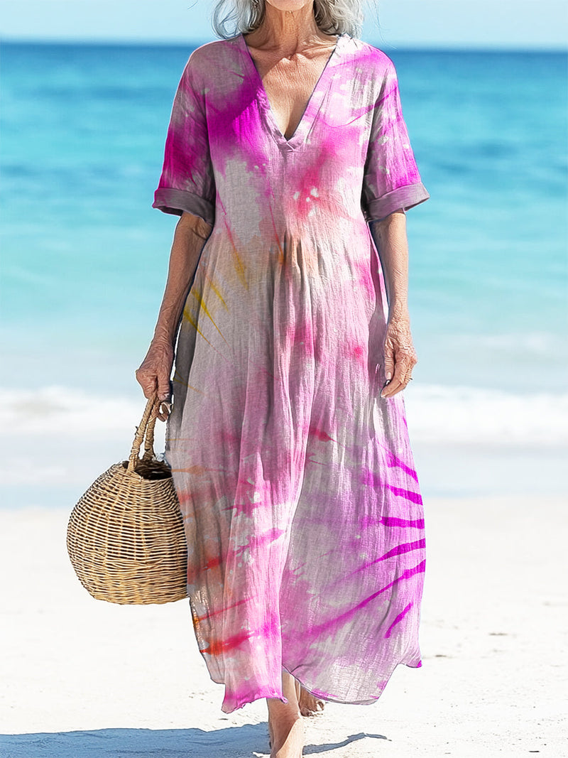 Women's Retro Tie Dye Art Print Pocket Cotton Dress