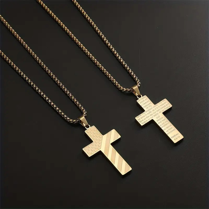 Stainless Steel Cross Necklace With American Flag & Bible Verse Pendant