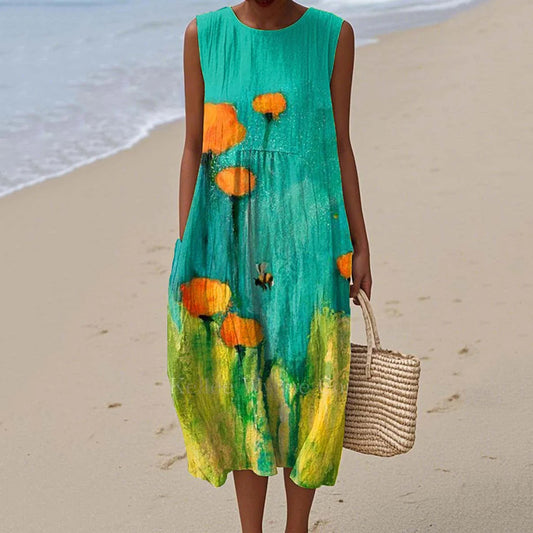 Women's Vintage Floral Art Print Linen Dress artswardrobe