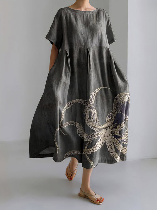 Women Japanese Art Octopus Print Casual Linen Blend Maxi Dress