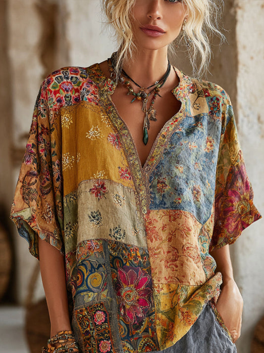 Bohemian Style Patchwork Print Vintage Tie-dye V-neck Short-sleeved Shirt artswardrobe