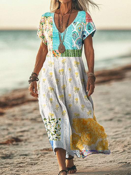 Women's Vintage Floral Patchwork Art Print Pocket Cotton Dress