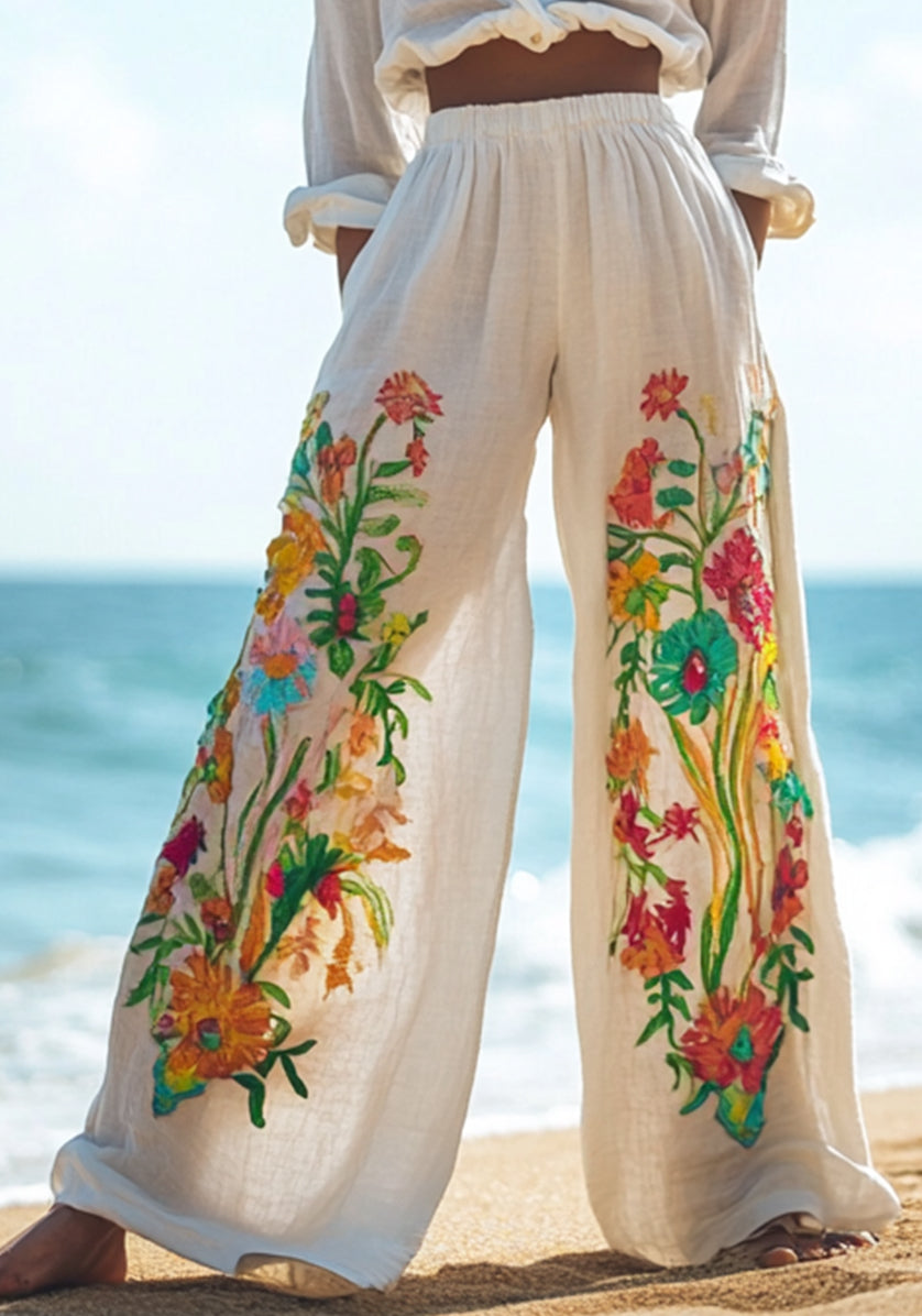 Women's Floral Embroidery Art Linen Casual Pants elevenforest
