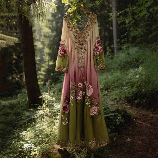 Classy Gradient Pink Roses Cancer Awareness Embroidered Linen Maxi Dress artswardrobe