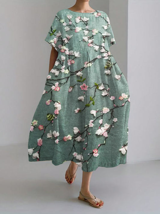 3D Floral Embroidered Lace Linen Blend Maxi Dress