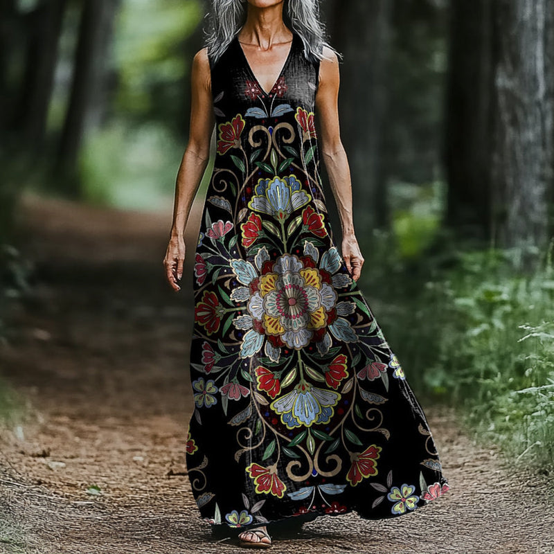 Women's Ethnic Totem Floral Art Pattern Print V-neck Sleeveless Pocket