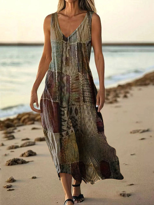 Women's Vintage Patchwork Pattern Art Print Pocket Cotton Dresses