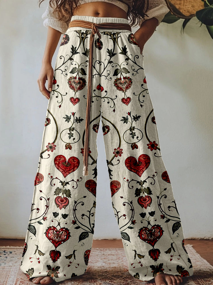 Vintage Floral Heart Pattern Linen Blend Casual Pants elevenforest