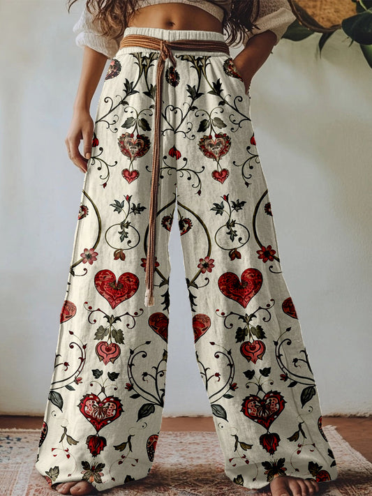 Vintage Floral Heart Pattern Linen Blend Casual Pants elevenforest