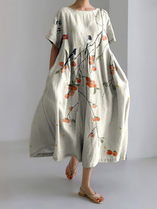 Japanese Art Persimmon Linen Blend Short Sleeve Maxi Dress