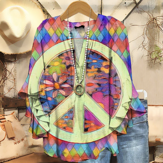 Women's Hippie Art Print Casual Cotton And Linen Shirt