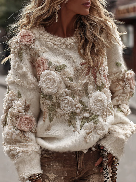 Women's Vintage Romantic White Rose Embroidery Art Long Sleeve Round-neck Sweater elevenforest