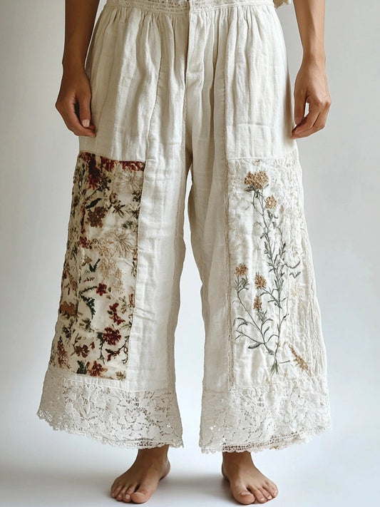 Lace Floral Embroidery Patchwork Women's Linen Pants elevenforest