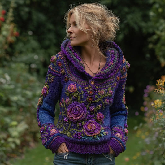 Women's Vintage Purple Rose Embroidered Knit Hooded Sweater elevenforest