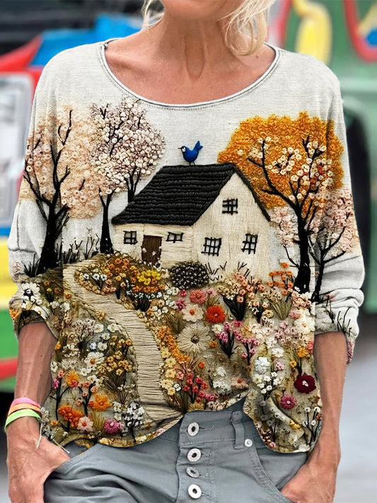 Comstylish Cottage Floral Landscape Embroidered Fiber Art T Shirt