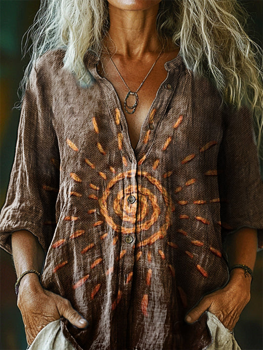 Women's Vintage Bohemian Pattern Art Print Casual Cotton Linen Shirt