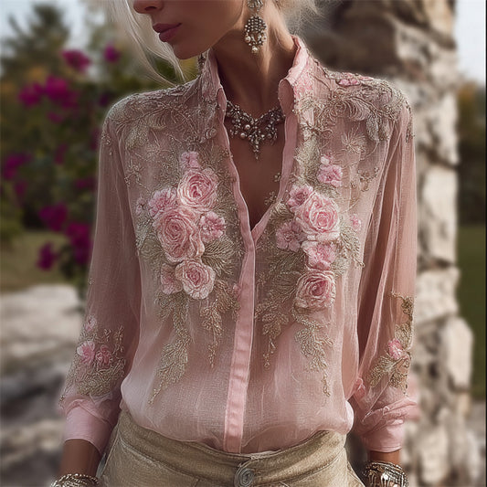 Classy Pink Roses Lace Embroidered Flowy Linen Blouse elevenforest