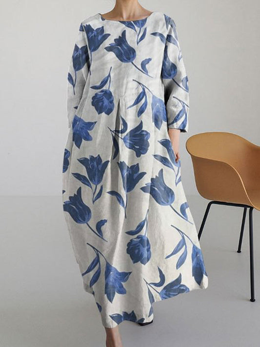 Vintage Floral Print Long Sleeve Loose Dress