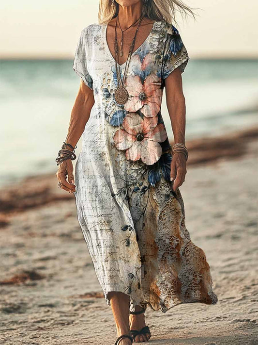 Women's Bohemian Floral Textured Art Patterns Print Short Sleeve Pocke