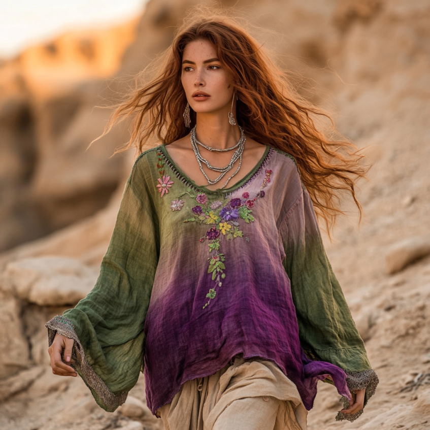 Boho Floral Embroidery Patchwork Art Print Cotton And Linen Blend Loose Blouse elevenforest