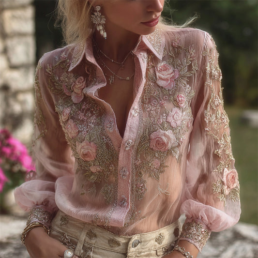 Vintage Pink Roses Lace Embroidered Flowy Linen Blouse elevenforest
