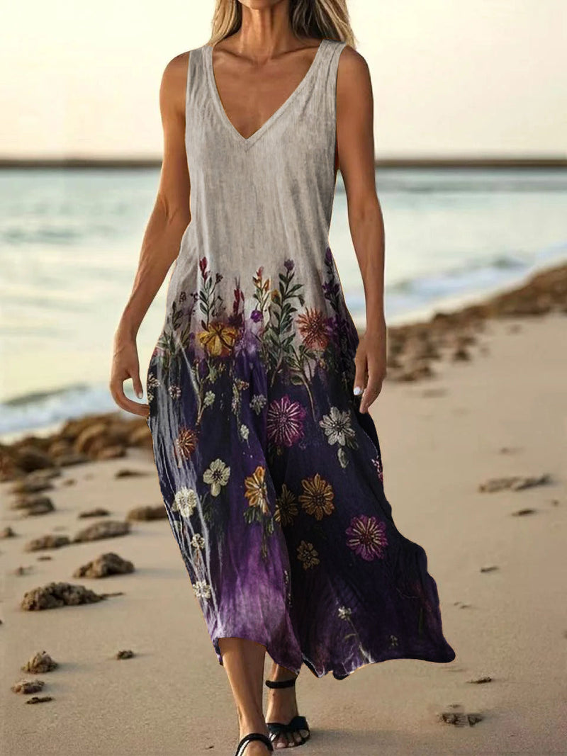 Women's Vintage Ethnic Floral Art Print Pocket Cotton Dress