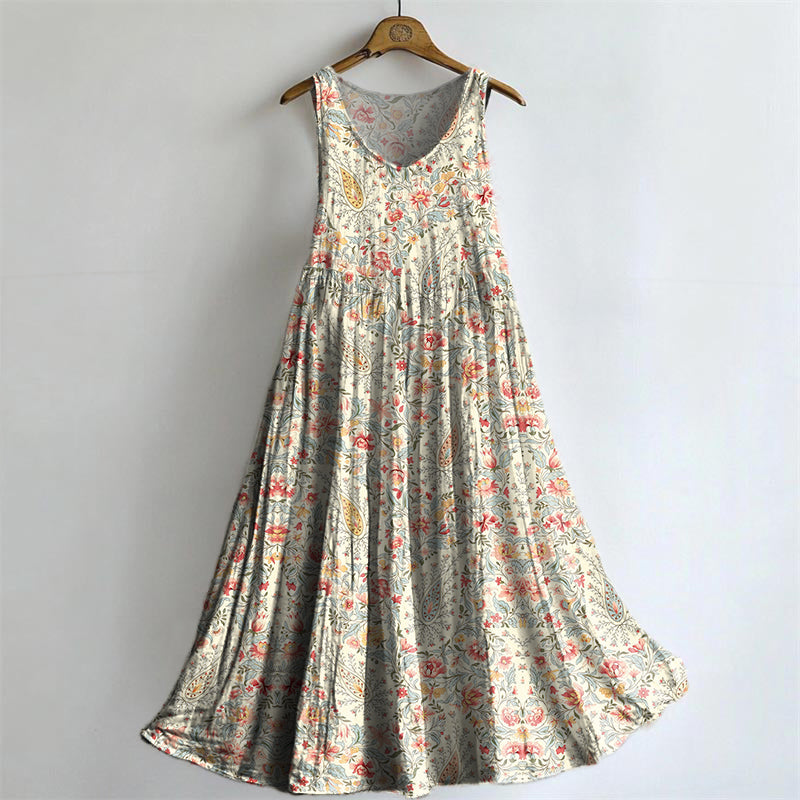 Women's Retro Paisley Floral Art Print Sleeveless Cotton Pocket Dress