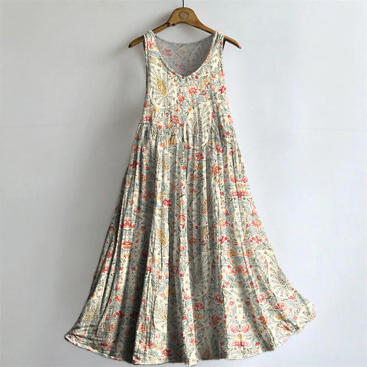 Women's Retro Paisley Floral Art Print Sleeveless Cotton Pocket Dress
