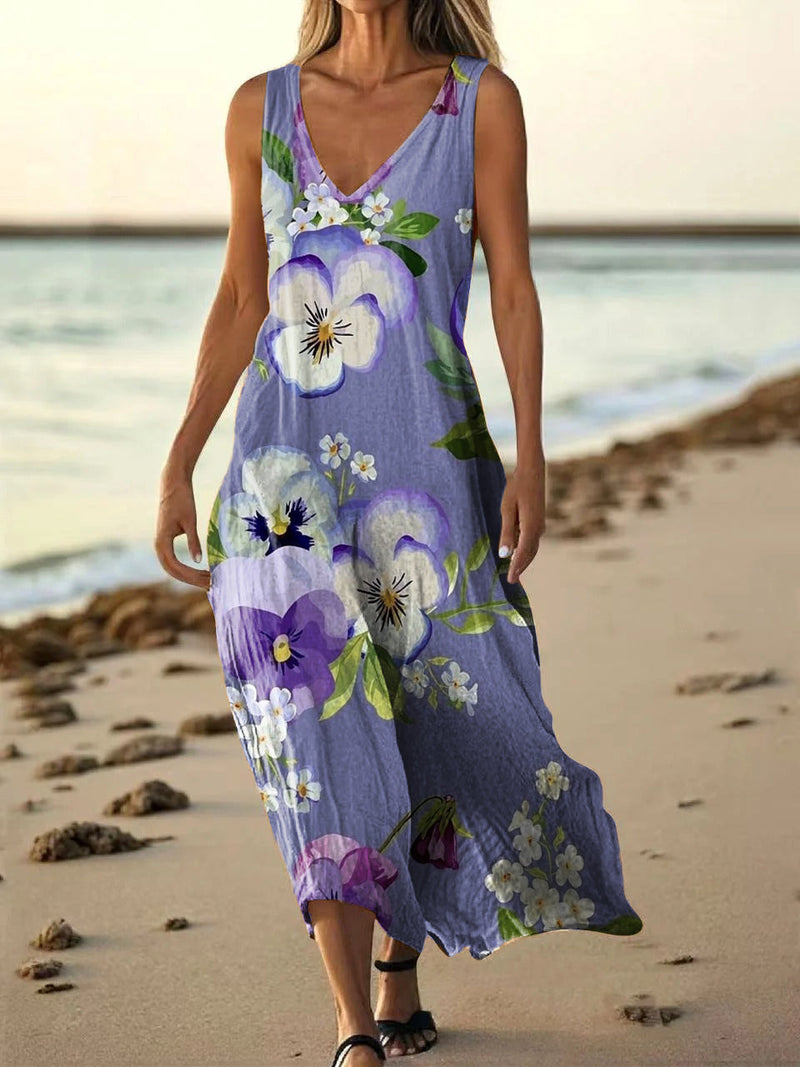 Women's Vintage Floral Art Print Sleeveless V Neck Pocket Cotton Dress